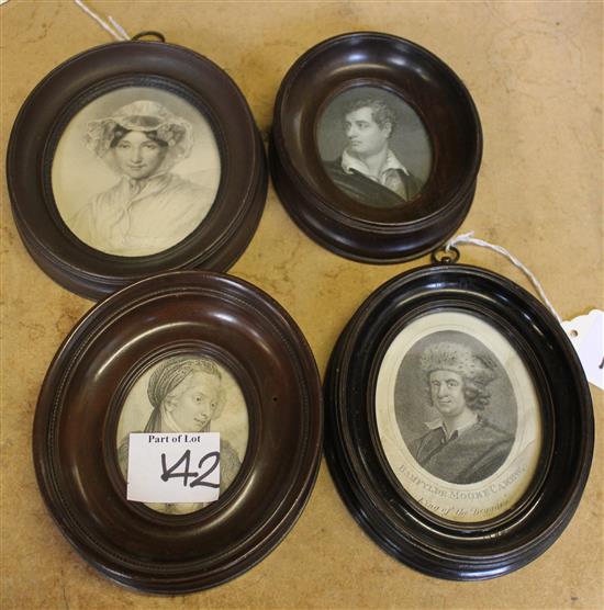 Four oval miniature portrait engravings in wood frames